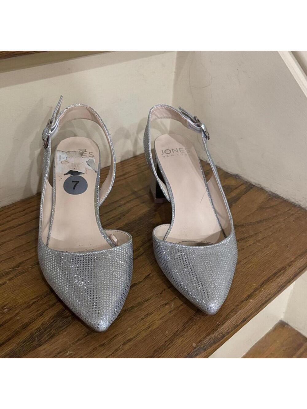 Jones New York Silver metallic block Heeled Shoes formal party homecoming